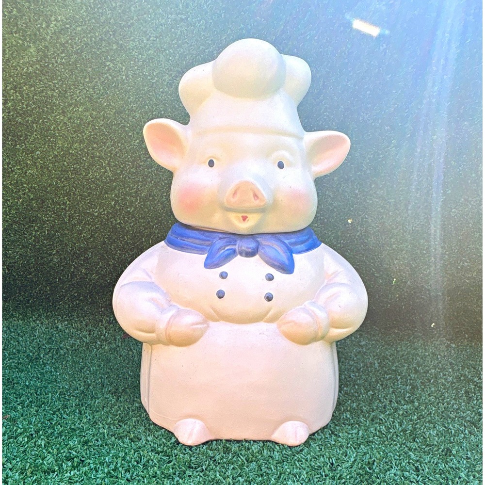 CKAO Pig Chef Ceramic Cookie Jar White Blue Pink Lift-Off Lid 11 in
